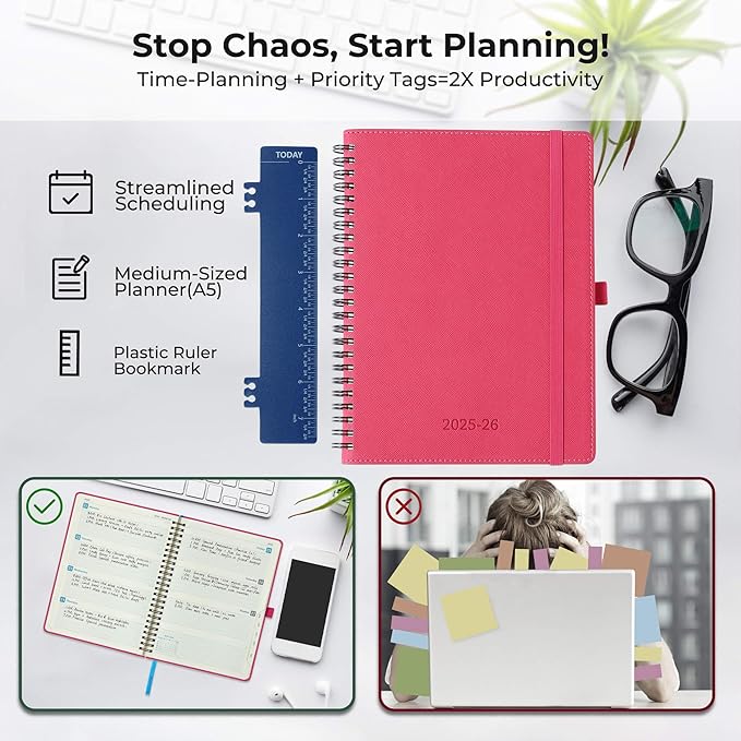 Planner 2025-2026 Daily Weekly and Monthly,11.5"x8.5",18 Months Spiral Bound Calendar Agenda with Self-adhesive Pen Holder,2026 Academic Plan with Vegan Leather Soft Cover,Rose Red