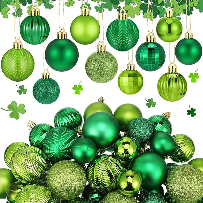 64 Pcs St. Patrick's Day Ball Ornaments Glitter Matt Lime Green Assorted Plastic Irish St. Patrick's Day Decoration for Xmas Tree & Party Supplies