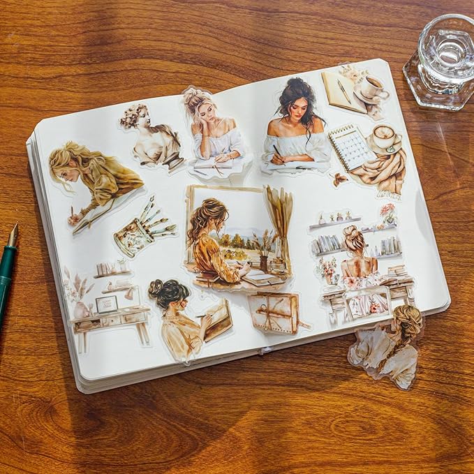 120Pcs Daily Routine PET Stickers, Vintage Scrapbooking & Junk Journal Supplies, Waterproof Planner & Craft Ephemera with Reading, Writing & Floral Designs, with Organizer