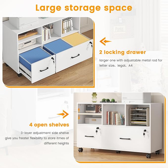 2 Drawer Wood Mobile Large Lateral File Cabinet with Lock, Lockable Rolling Filing Cabinet with Storage Shelves, Printer Stand Office Storage for Home Office Fits Files Legal/A4,White