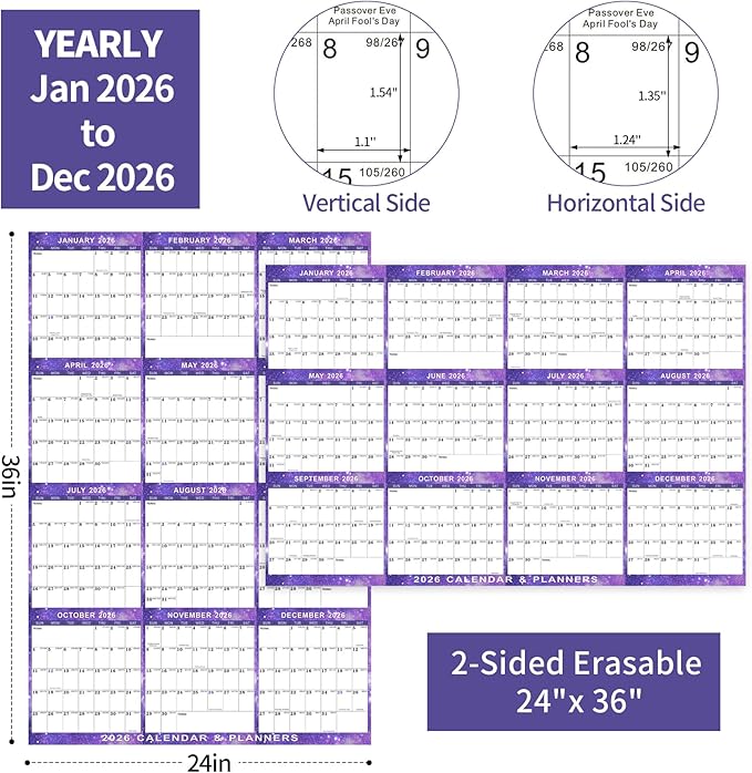 2026 Wall Calendar 24" x 36" Dry Erase Calendar for Wall from January 2026 to December 2026 12 Month Annual Large Yearly Wall Planner for Office School(Purple)