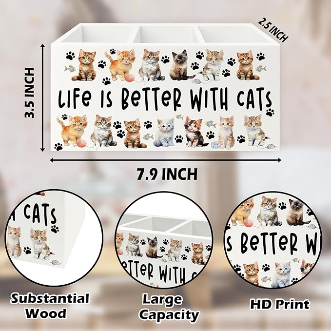 Cat Pen Pencil Holder Organizer for Desk, Cat Lovers Mom Lady Gifts for Women, Life Is Better with Cats Wooden Box Signs Decorations for Home Office Desk Tabletop, Gifts for Pet Lovers