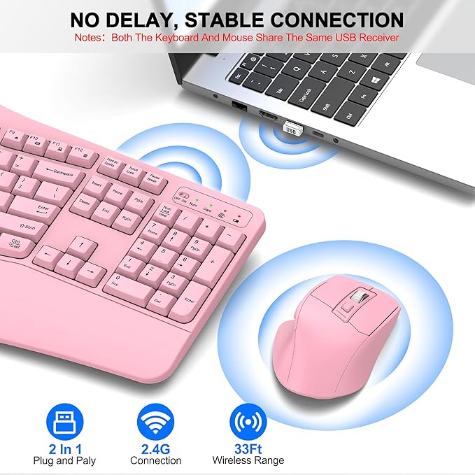 Wireless Keyboard and Mouse Combo, 2.4G Full Size Wave Keys Ergonomic Keyboard with Wrist Rest and 3-Level DPI Adjustable Wireless Ergonomic Mouse for Windows, Mac OS Desktop/Laptop/PC(Pink)