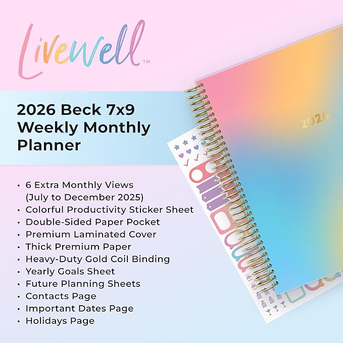 Blue Sky Livewell 2026 Weekly and Monthly Planner Calendar, January 2026 - December 2026, 7" x 9", Flexible Laminated Cover, Heavy Duty Coil Binding, Colorful Premium Paper, Includes Storage Pocket, Stickers, Beck