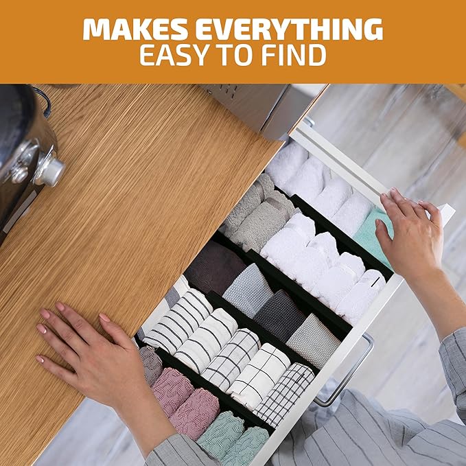 Large Kitchen Drawer Organizer - Expandable Bamboo Drawer Dividers (17" - 21.5") - Adjustable Separators for Kitchen, Clothes, Dresser, Bedroom, Bathroom, and Desk Drawers - 6-Pack (Black)
