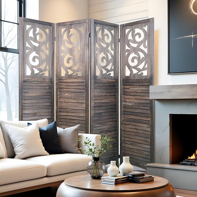 Room Divider, 5.6FT Folding Room Divider Panel, 4 Panel Craved Wood Partition Wall Divider for Room Separation, Rustic Brown