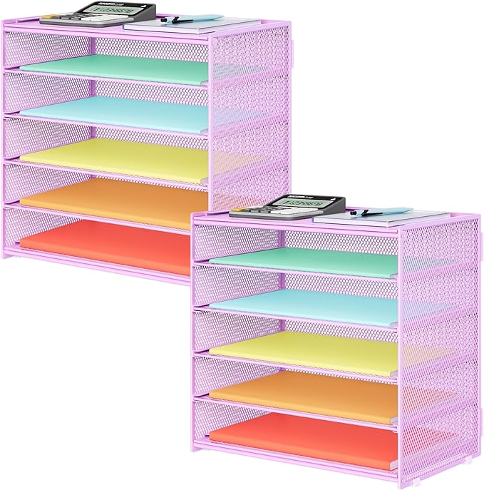 2 Pack 6 Tier Paper Organizer, Metal Mesh Desk File Folder, Letter Tray Organizer, Paper Sorter Desk Organizers for Office, Home or School File Folder Holder - Purple