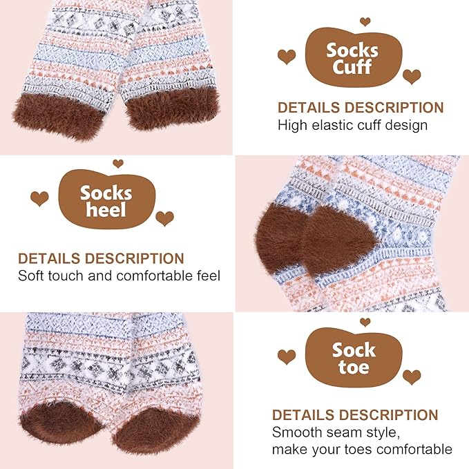 ICEIVY 5 Pair Fuzzy Cozy Socks for Women - Warm Comfy Soft Casual Home Sleep Winter Wool Socks - Gifts for Women