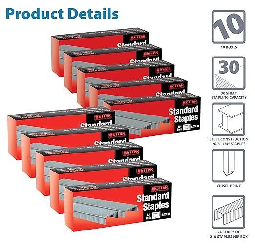 Better Office Products 50,000 Staples, 10 Pack of 5,000 Count, 26/6, 1/4-inch, Chisel Point Tips, Jam Free Staples, Fits All Standard Desktop Office Staplers