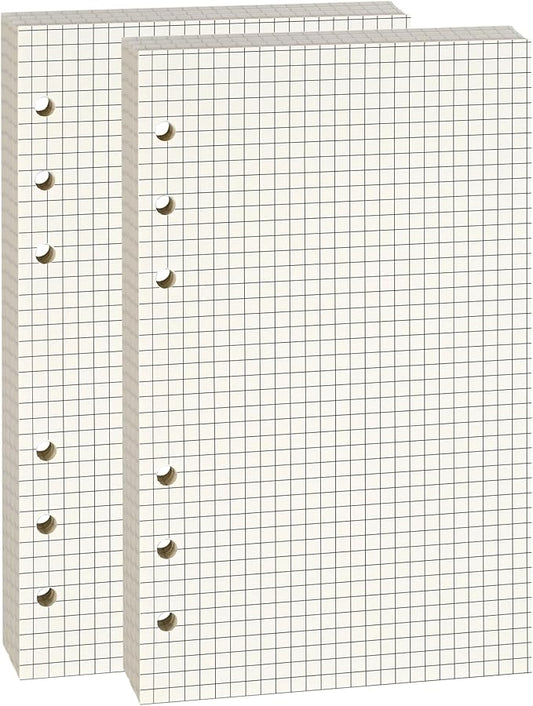 A6 Grid-Ruled Refill Paper, 100gsm Thick Beige No-Bleed Sheets (2 Packs, 80 Sheets Each), Pre-Punched – Fits A6 6-Ring Binders for Office, School & Teachers