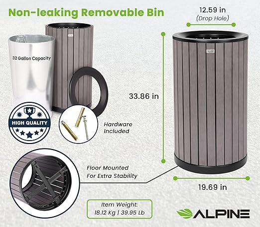 Alpine 32 Gallon Commercial Outdoor Trash Can - Heavy Duty Garbage Can Outdoor, Industrial Open Top Trash Can with Plastic Panels for Patio, Parks, Trails, Resorts (Flat Lid - Grey)