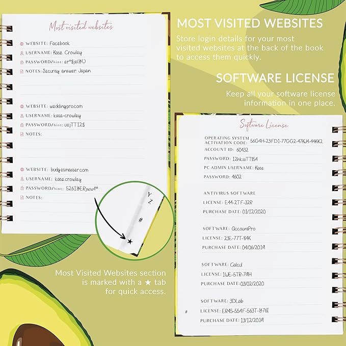 PLANBERRY Password Book Premium – Alphabetized Internet Address Organizer with A-Z Tabs – Website & Computer Password Keeper with Alphabetical Tabs – 6.2x7.7″, Hardcover (Avocado Green)