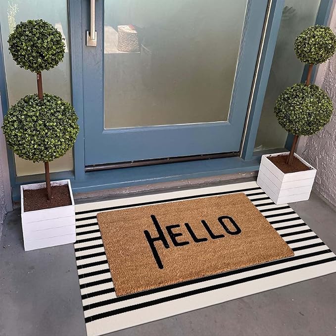 Collive Christmas Door Mat Outdoor Black and White Striped Rug 27.5" x 43.3", Farmhouse Front Porch Rug Reversible Washable Front Door Mats, Hand Woven Welcome Layered Doormat for Entryway Entrance