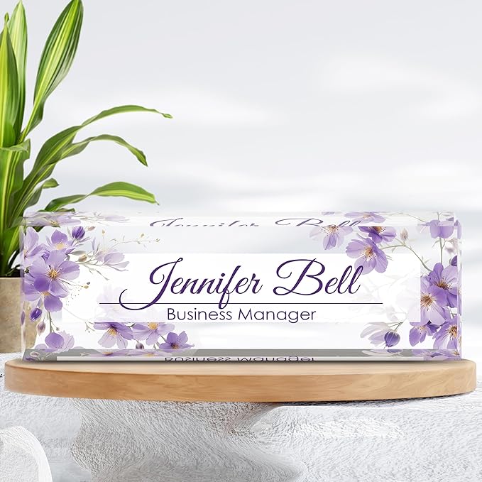 Personalized Name Plate for Desk, Custom Desk Name Plate, Acrylic Name Plate Office Desk Accessories, Personalized Office Gifts for Coworkers Teachers, Employee Appreciation Gifts (Purple Ink)