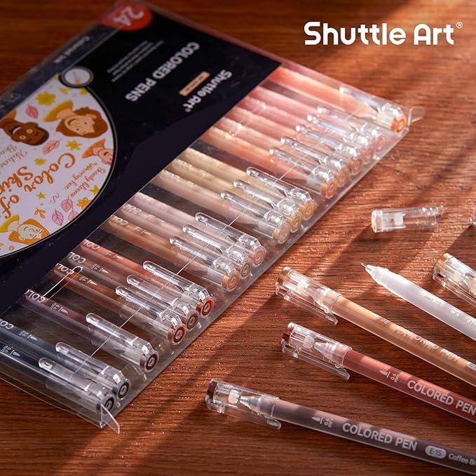 Shuttle Art Colored Pens, 24 Skin Tone Colors Cute Journal Pens 0.6mm Fine Point Colored Gel Pens for Black Paper Adult Coloring Writing Drawing Journaling Note Taking School Office Home