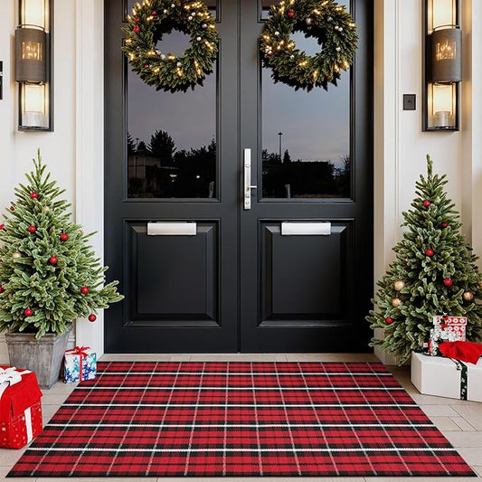 Buffalo Plaid Rug 35"x59",Christmas Cotton Front Door Mat Machine Washable Outdoor Entryway Rugs, Checkered Indoor Floor Throw Rugs for Porch Doorway Living Room Decor(Black and Red)