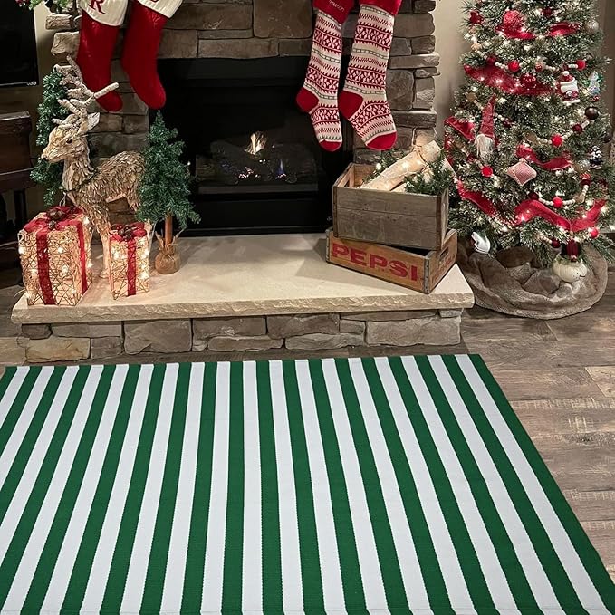 CAINANEL Christmas Outdoor mat 4' x 6' Green and White Striped Outdoor Rug Front Porch Rug,Christmas Home Decor, Layerd Welcome Doormat for Front Porch Decor, Front Door, Farmhouse Decor