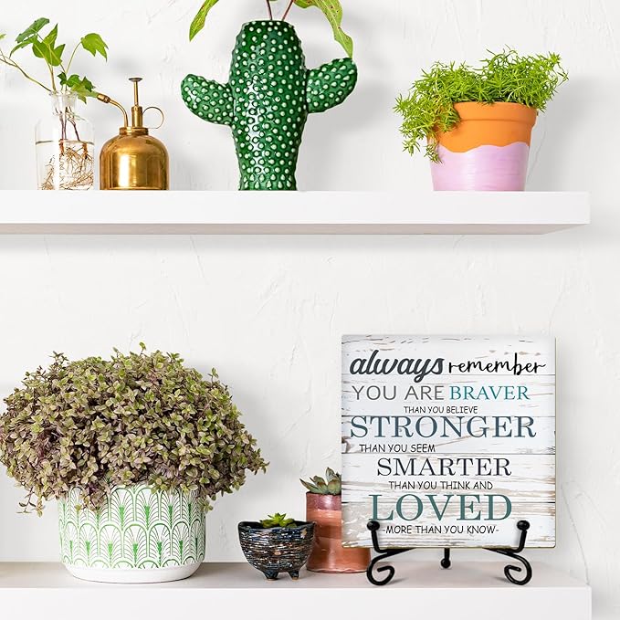 Inspirational Gift for Women Men Wood Sign with Stand - Always Remember You are Braver Than You Think, Motivational Gifts for Women Men Home Office Table Centerpiece Positive Decor Desk Plaque 39