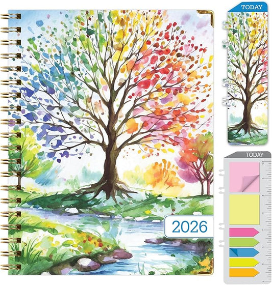HARDCOVER 2026 Planner, 7"x9": 14 Months (November 2025 - December 2026), Daily Weekly Monthly Planner, Yearly Agenda, Bookmark, Pocket Folder and Sticky Note Set (Tree Seasons)
