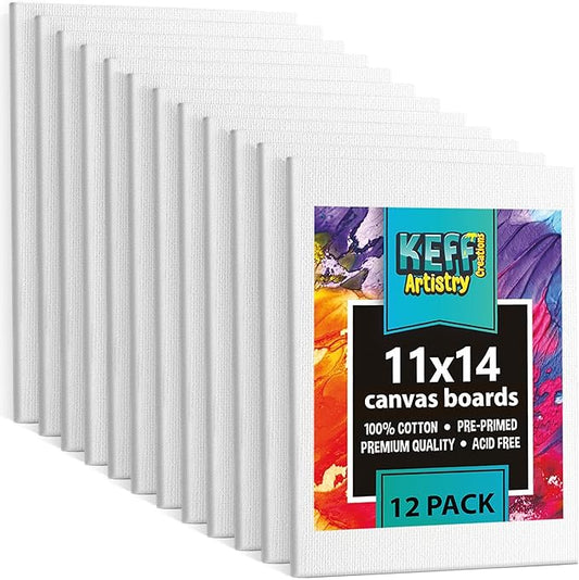 KEFF 12-Pack Bulk Canvas Boards - 11x14, Primed 100% Cotton for Acrylic, Oil, Watercolor, Tempera - Art Supplies for Adults & Kids