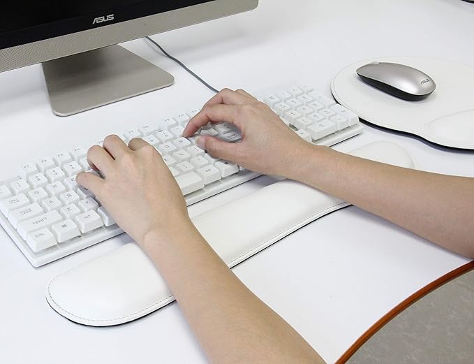 RICHEN Ergonomic PU Leather Keyboard Wrist Rest and Mouse Pad with Wrist Support, Memory Foam Set for Office and Gaming, Comfortable & Lightweight for Easy Typing & Pain Relief (White)