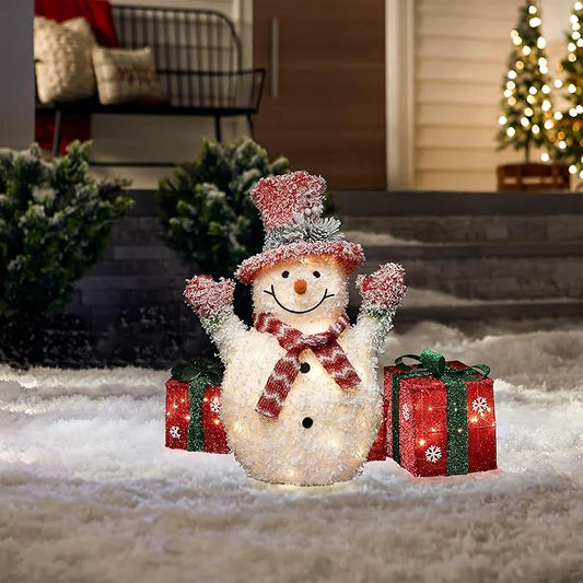 LuxenHome 2FT Lighted Snowman Outdoor Christmas Decorations, Battery Operated Frosted Snowman Christmas Decor with 35 LED Light, Xmas Decorations Outdoor, Indoor for Porch, Lawn Holiday Display