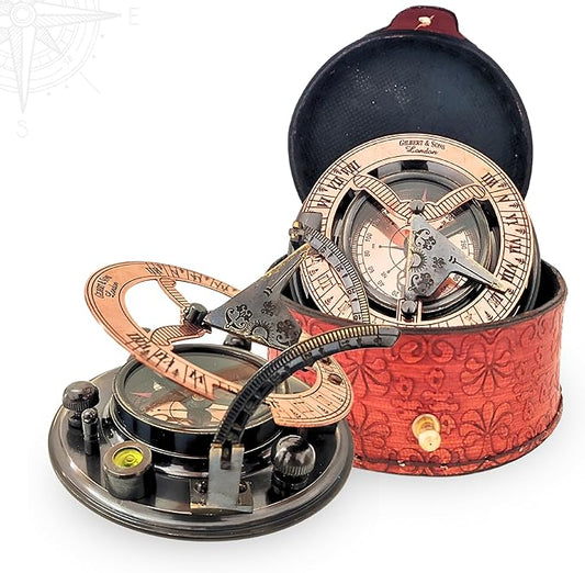 Antique Brass & Copper Sundial Compass, Sundial Clock in Box Gift Sun Clock Ship Replica Watch, Nautical Gifts for Men, Unique Nautical Decor, Naval Maritime Sundial (#5 Antique Gilbert)