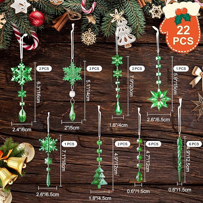 Lanpn 22pcs Christmas Ornaments Crystal Christmas Tree Decoration, Hanging Clear Acrylic Snowflake Icicle Drop Crystal Pendants for Xmas Tree Winter New Year Outdoor Indoor Party Decoration (Green)