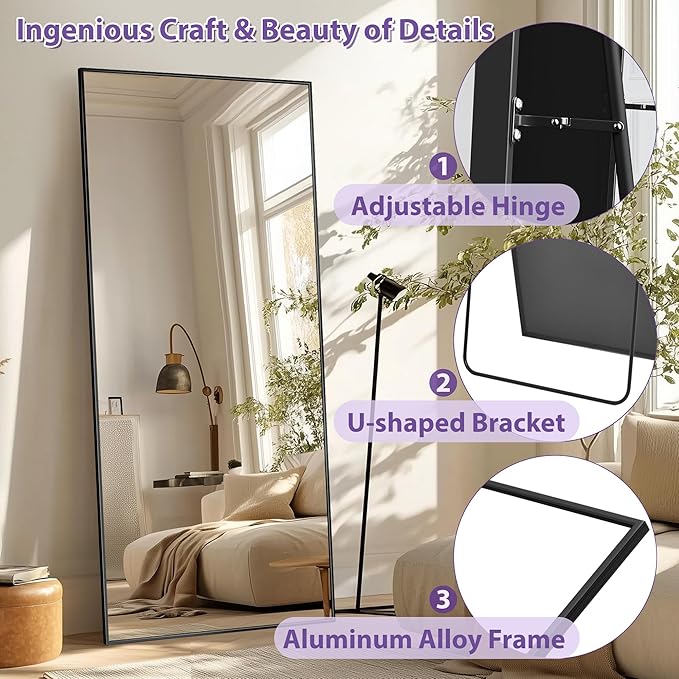 Full Length Mirror, 58"x21" Oversized Floor Mirror Freestanding, Full Body Mirror Floor Standing Mirrors with Stand, Hanging Mounted Mirrors for Bedroom Living Room, Black, Rect Style