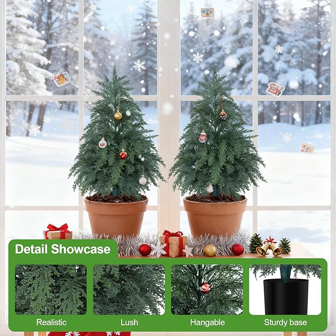 2Pack Artificial Topiary Trees, 2FT Faux Cypress, Faux Evergreen Pine Shrubs Plants with Pot, Potted Plants for Front Porch Indoor Outdoor Garden Christmas Decor