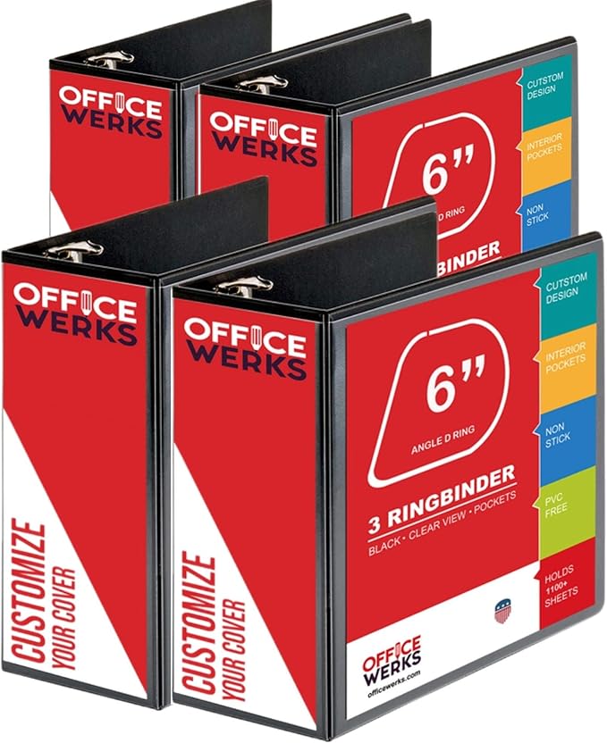 4 Pack of 6 Inch 3 Ring Binder with Locking Angle D Rings, Professional Heavy Duty Large Storage Binder with Pockets, Fits 8.5 x 11 Inch Sheets, Non-Stick Clear View Cover, Customizable, Black