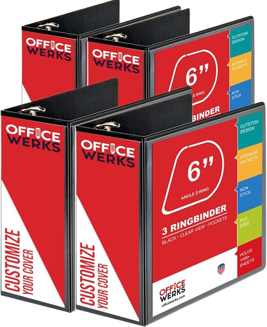 4 Pack of 6 Inch 3 Ring Binder with Locking Angle D Rings, Professional Heavy Duty Large Storage Binder with Pockets, Fits 8.5 x 11 Inch Sheets, Non-Stick Clear View Cover, Customizable, Black