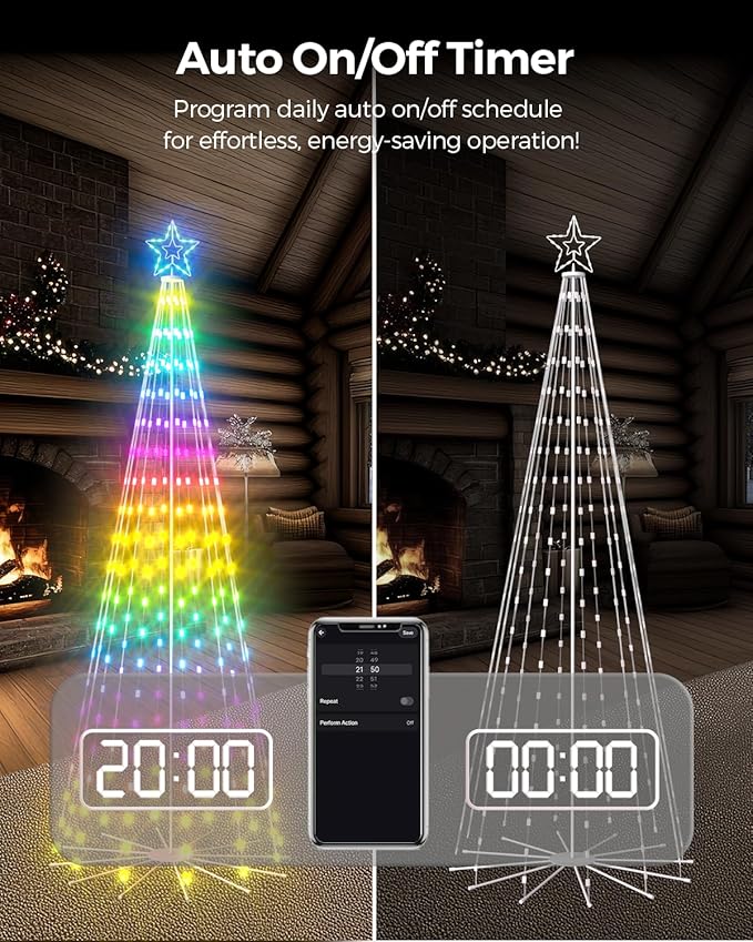 8ft Smart Outdoor Lighted Christmas Tree with Sturdy Iron Base, 16 Mil Color Changing, Music Sync, Timer, Group Control, RGB Led Christmas Decorations for Indoor Outdoor
