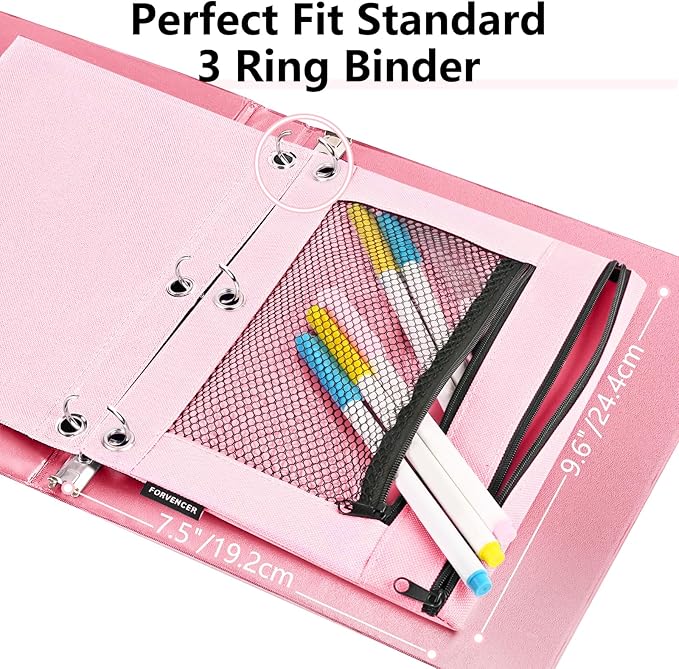 Forvencer Pencil Pouch for 3 Ring Binder, Large Capacity Pencil Pouches with Zipper, Soft Fabric Pencil Bag, Clear Pencil Case with 3 Hole, Portable Office Stationery School College Organizer, Pink