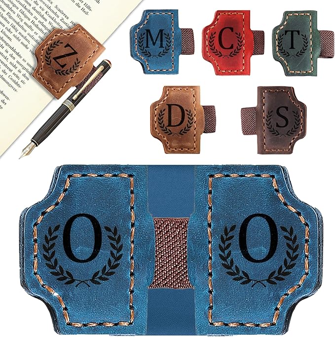 Bygone Mark Bookmark with Pen Holder, 26 Letters Name Initial Personalized Magnetic Bookmarks, Leather Book Mark for Men Women, Travelers Accessories, Teachers Readers Book Lovers Gifts (Blue, O)