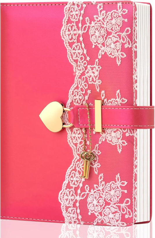 Lace Diary with Lock& Gift Box for Women and Girls 224 Pages Cute Journal with Lock and Key A5 Leather Password Locked Journals for Writing Note Taking, Rosy (Pink)