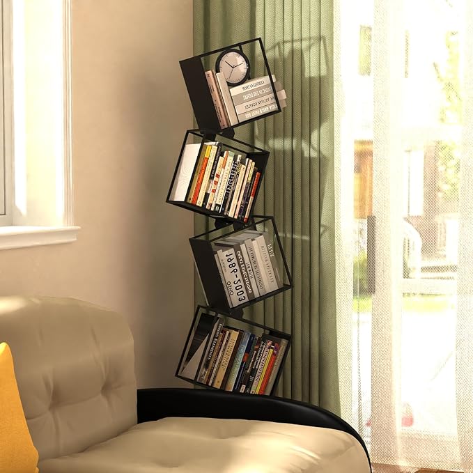 5-Tier Metal Geometric Bookshelf – Modern Narrow Floor Bookcase, Space-Saving Organizer for Living Room, Bedroom, Office, Corner – Black