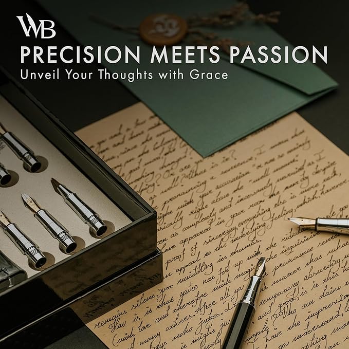 Wordsworth & Black Calligraphy Pen Gift Set, Includes Bottle, 6 Cartridges, Refill Converter, 6 Replacement Nibs, Premium Package, Journaling, Smooth Writing Pens [Blue Chrome]
