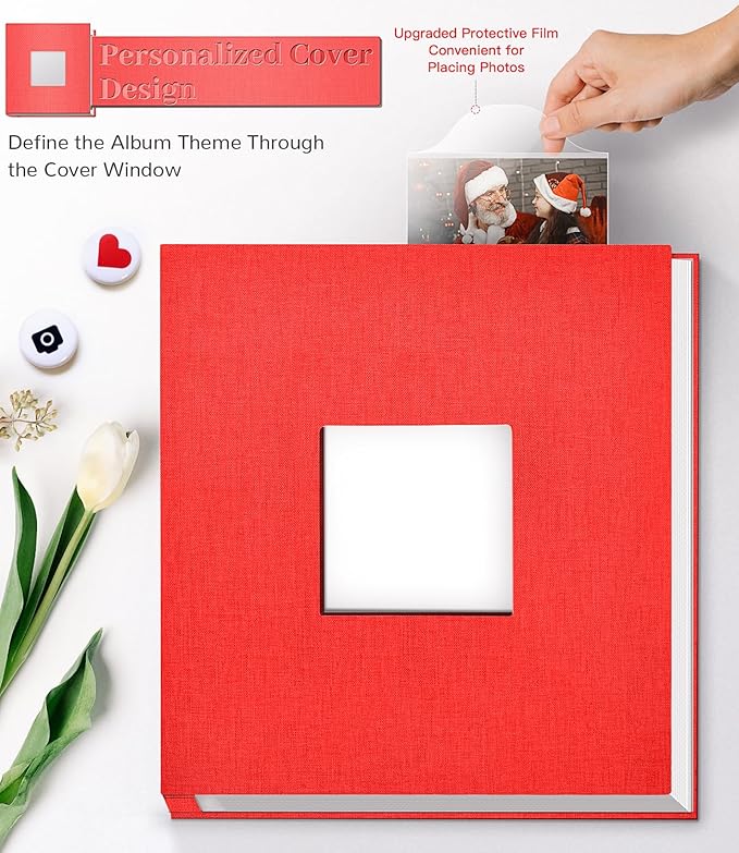 Photo Album Self Adhesive Scrapbook Album for 3x5 4x6 5x7 8x10 Pictures,60 Pages Linen Cover with Display Window DIY Photo Book,Ideal Gifts for Family Travel Wedding Baby