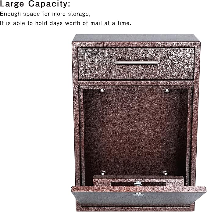 KYODOLED Steel Key Lock Mail Boxes Outdoor,Locking Wall Mount Mailbox,Security Key Drop Box,Collection Boxes,16.2Hx 11.22Lx 4.72W Inches,Bronze X Large
