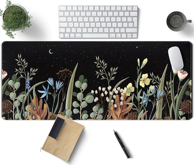 Cute Gaming Black Wild Flowers Desk Mat Mouse Pad Star Moon Floral Mousepad Large, XL Big Computer Keyboard and Mouse Mat Desk Pad Mat with Stitched Edge for Women Office Decor Deskmat 31.5x11.8 in