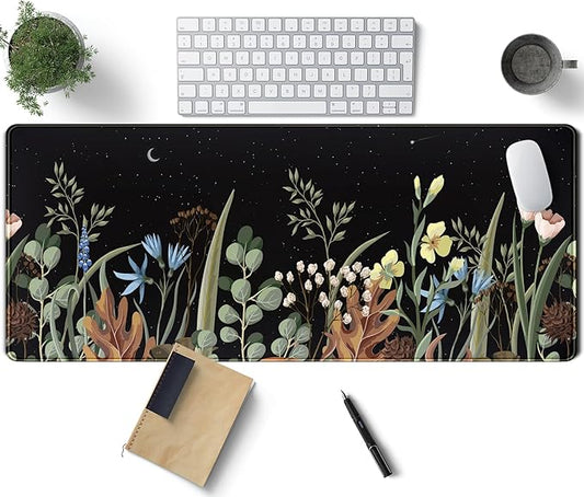 Cute Gaming Black Wild Flowers Desk Mat Mouse Pad Star Moon Floral Mousepad Large, XL Big Computer Keyboard and Mouse Mat Desk Pad Mat with Stitched Edge for Women Office Decor Deskmat 31.5x11.8 in