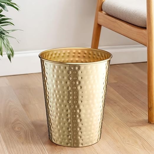 Monarch Abode Brushed Gold Hand Hammered Metal Wastebasket for Home Office Bedroom, Decorative Waste Basket, Modern Garbage Can, Durable & Decorative Trash Bin, Brushed Gold Bathroom Trash Can