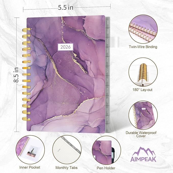 Planner 2026 -Weekly and Monthly Planner, AIMPEAK 2026 Daily Planner with Tabs, Jan. 2026 - Dec. 2026, Calendar Planner for Women, Purple Marble, 5.5" x 8.5"