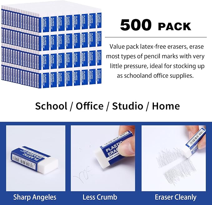 Yeaqee 500 Pcs White Pencil Erasers Bulk Soft Art Erasers School Pencil Erasers for Drawing Kids Student Artist Office Home Writing 1.57 x 0.71 x 0.31 Inch