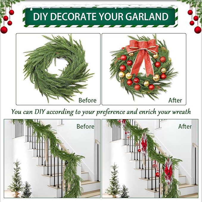 2 Pcs Christmas Norfolk Pine Garland, 6 FT Real Touch Norfolk Pine Garland Ornament, Christmas Artificial Greenery Cedar for Holiday Mantle, Table, Fireplace, Stair, Indoor, Outdoor Xmas Decorations