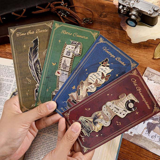 4pcs Vintage Bookmarks for Reading Women & Men, Unique Pretty Cute Metal Book Marks Kit Gifts for Book Lovers, Readers, Writers, Teens, Kids, Fantacy Cool Retro Page Markers Accessories for Bibles