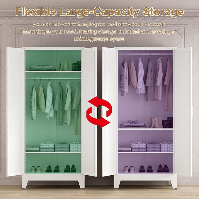 71'' Farmhouse Metal Wardrobe Cabinet with Hanging Rod, 2 Barn Door Wardrobe Closet with 2 Adjustable Shelves,for Dining Room,Bedroom,Living Room, Cloak Room,Office (White)