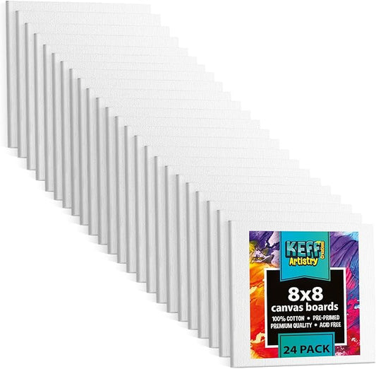KEFF Canvas Boards for Painting - 8x8 24-Pack Bulk Canvas Panels, 100% Cotton Triple Primed Art Canvases for Painting Supplies, Acrylic, Oil, Watercolor & Tempera