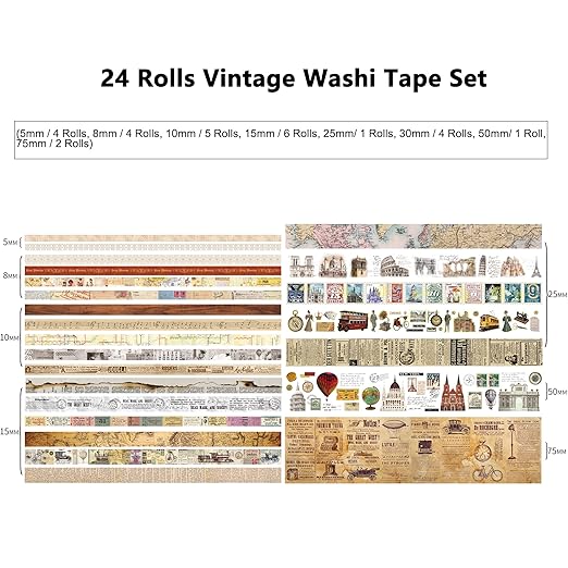 24 Rolls Vintage Washi Tape Set, Antique Car Buildings Map Stamp Stripe Writable Aesthetic Washy Decorative Tapes for Scrapbooking, Junk Journal Supplies, Bullet Journaling 5-75mm Wide (3m Long)/Roll
